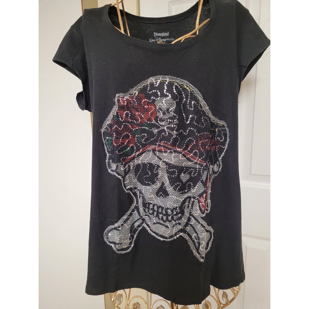 Disney Parks Pirates of the Caribbean Sequin Skull Rose T-Shirt Black Size XL